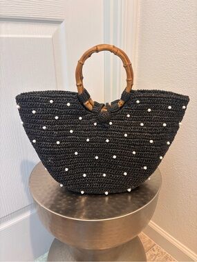 Vintage Black Beaded Straw Tote with Bamboo Handles - Stylish Summer Bag